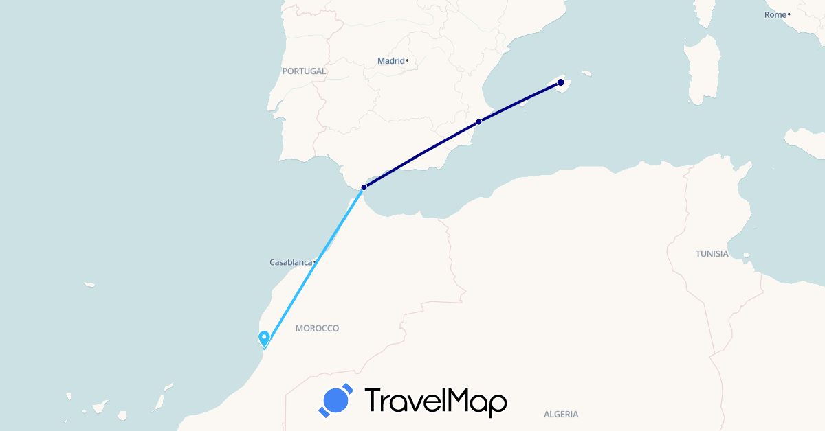 TravelMap itinerary: driving, boat in Spain, Gibraltar, Morocco (Africa, Europe)